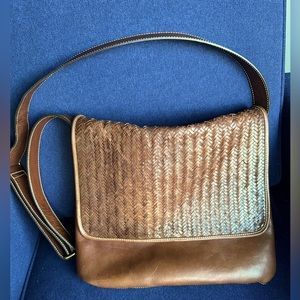 Cole Haan Brown Woven Leather Flap Messenger Bag